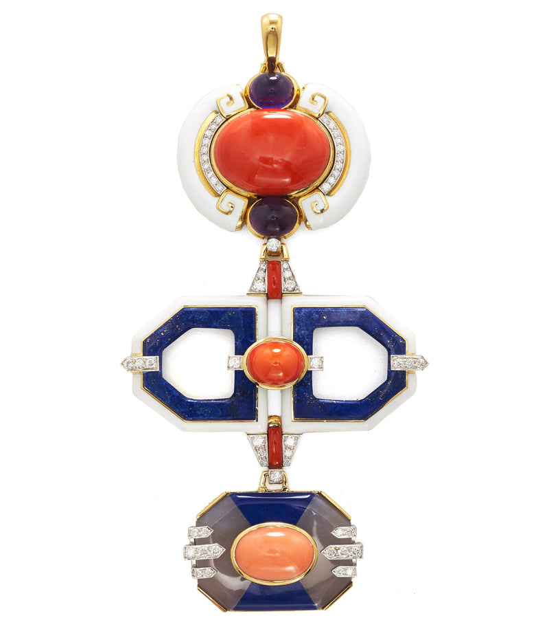 Totem Pendant, Coral, Lapis Lazuli, Chalcedony