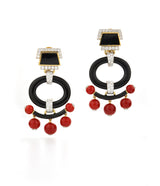 Black Onyx Pagoda Earrings, Coral Beads