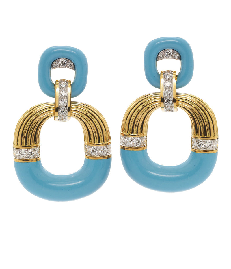 Radiator Hoop Earrings, Diamonds and Light Blue Enamel