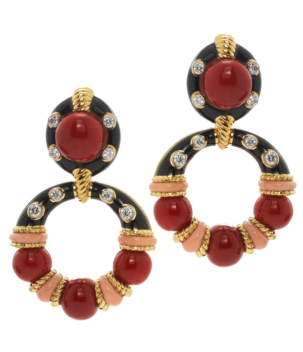 Stud Hoop Earrings, Coral Beads with Black Enamel