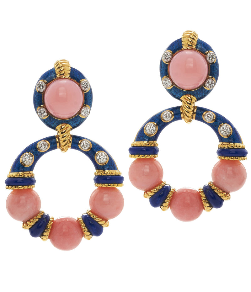 Stud Hoop Earrings, Pink Opal Beads with Blue Enamel