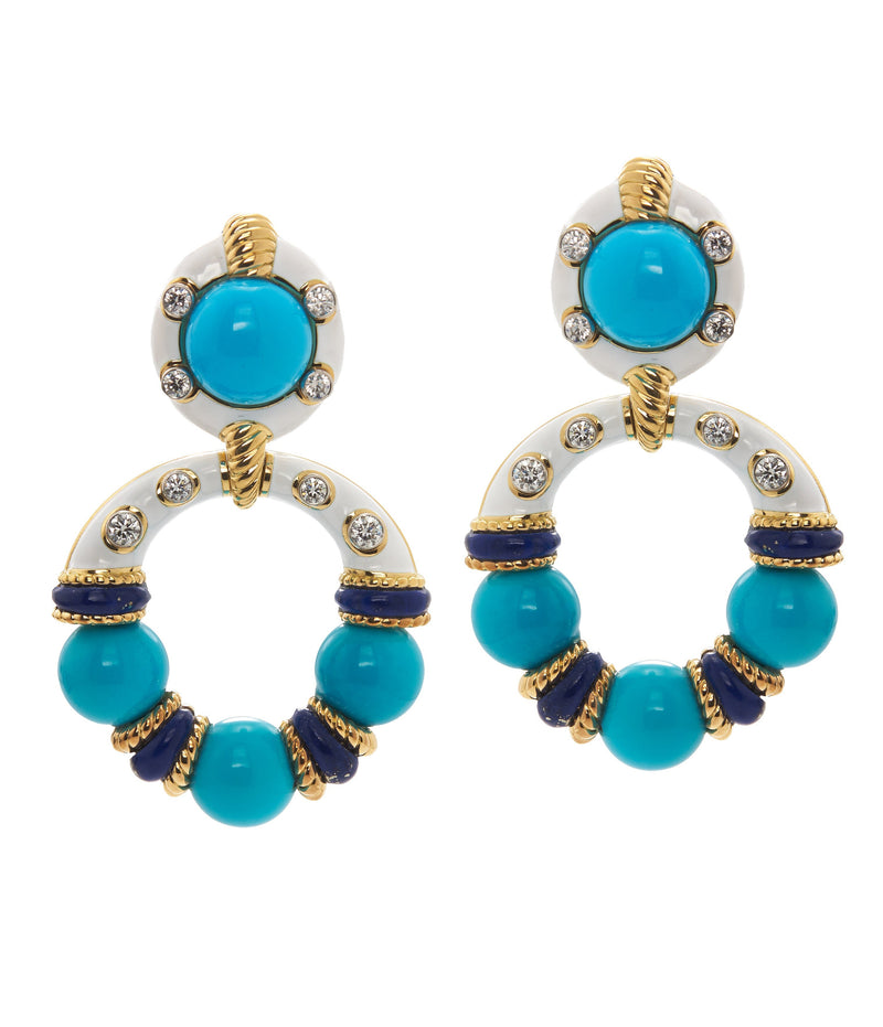 Stud Hoop Earrings, Turquoise Beads with White Enamel