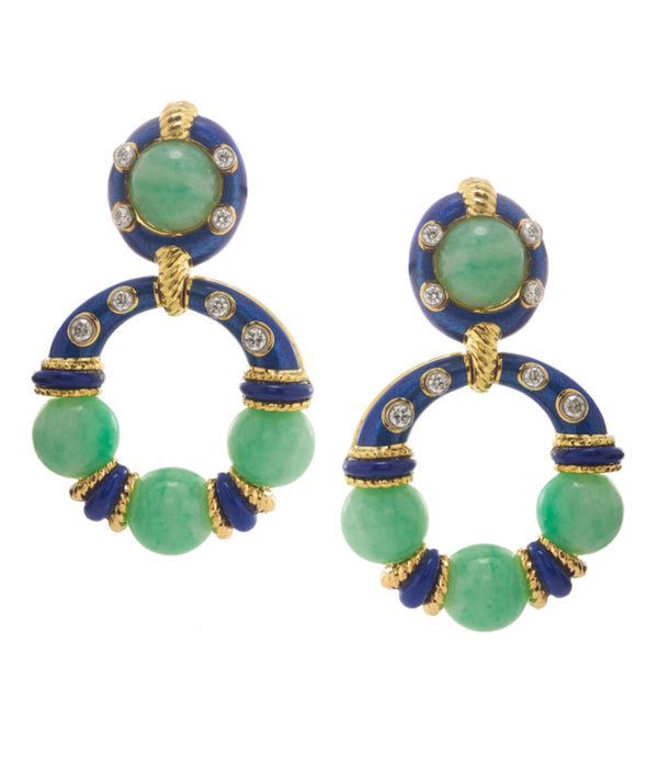 Stud Hoop Earrings, Jade Beads with Blue Enamel