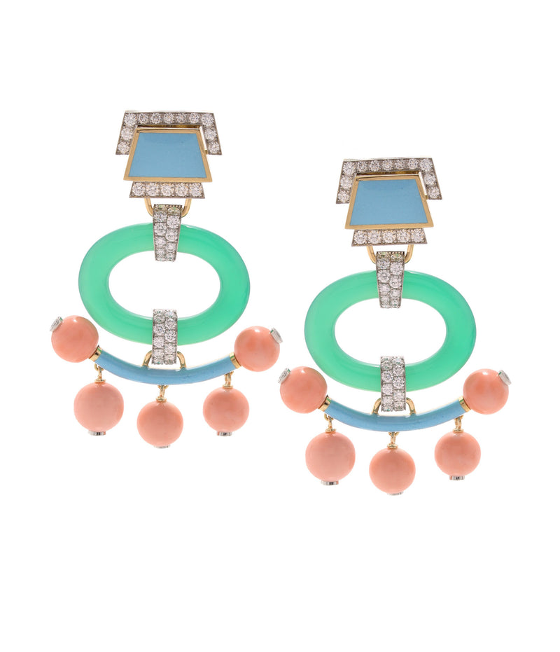 Pagoda Earrings, Chrysoprase with Coral Beads