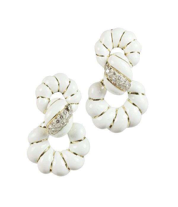 Fancy Hoop Earrings, White Enamel