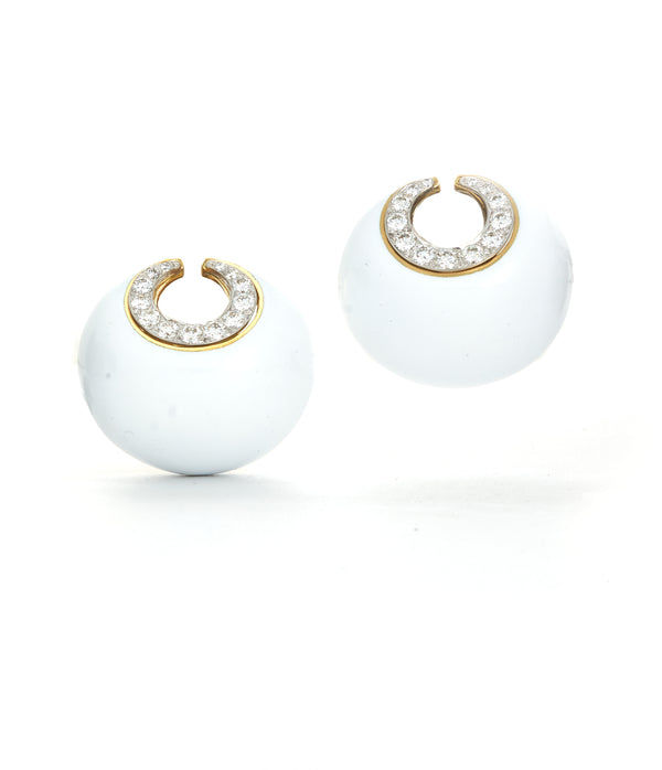 Crescent Moon Earrings, White Enamel