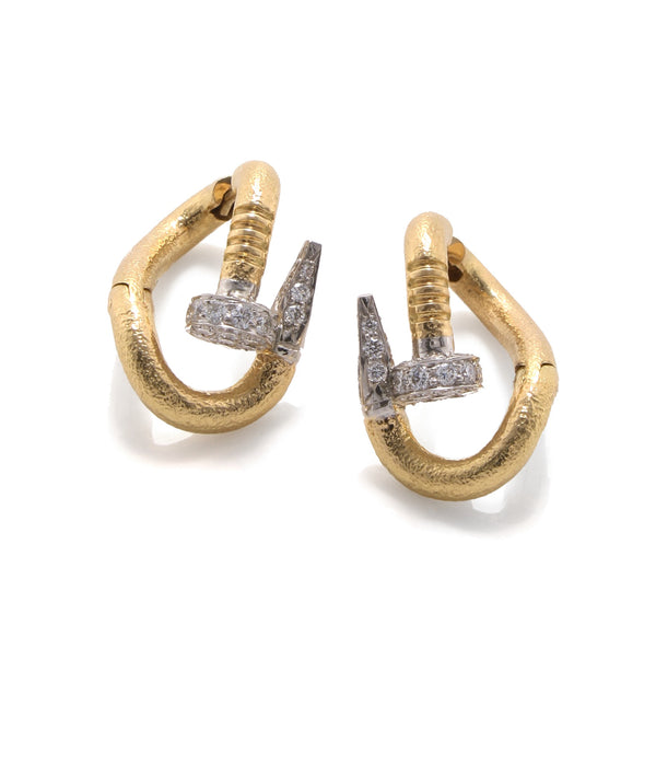 Diamond Bent Nail Earrings, Hammered 18K Gold