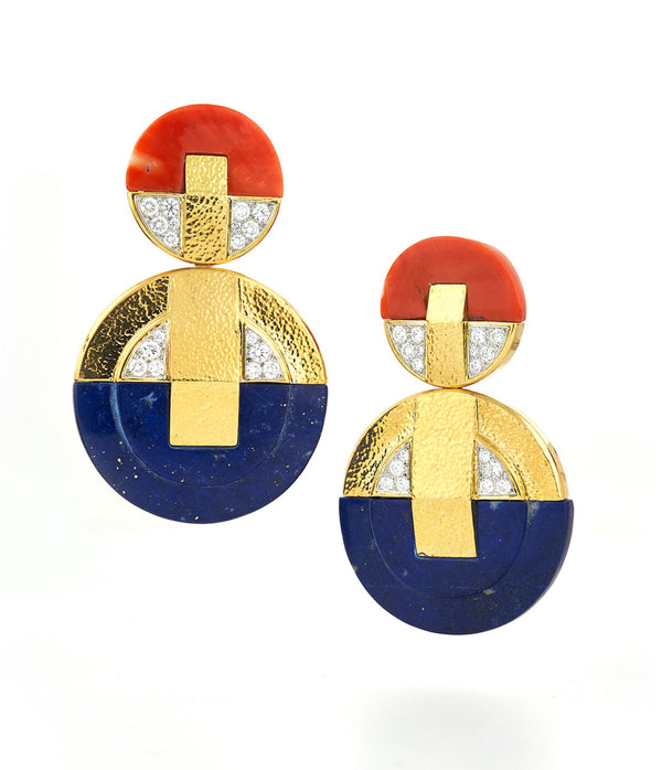 Discus Earrings, Lapis Lazuli and Coral