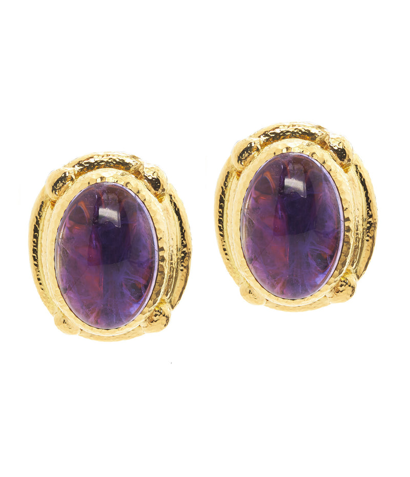 amethyst earrings set with hammered 18k gold shown close up