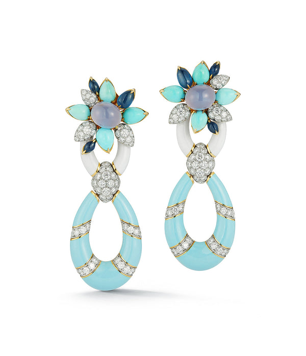 Asheville Earrings, Light Blue Enamel, Turquoise, Diamonds