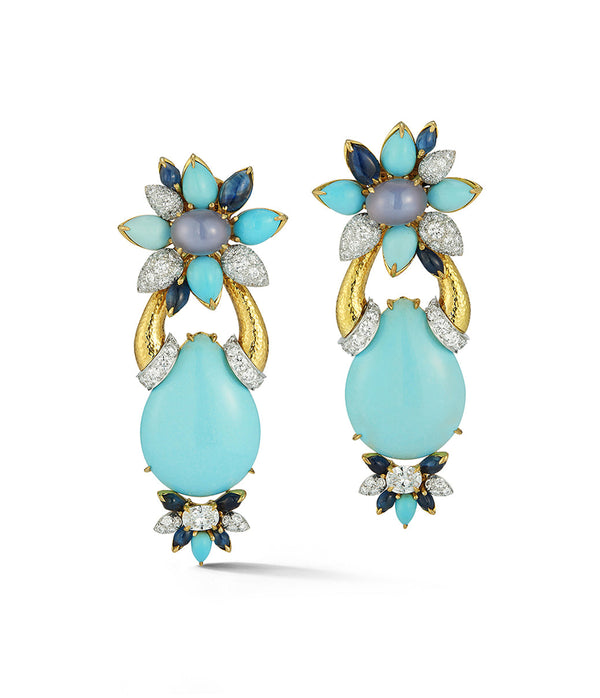 Asheville Earrings, Hammered 18K Gold, Turquoise, Diamonds