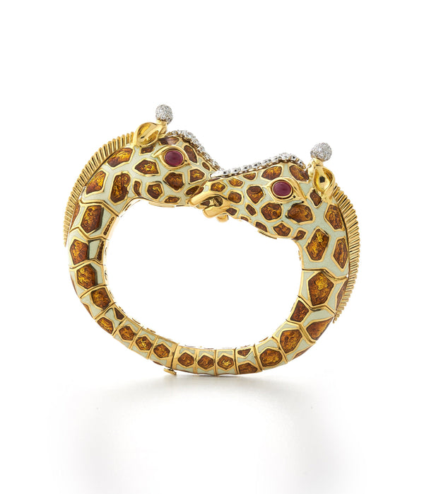 Twin Giraffe Bracelet, Brown Enamel, Ruby