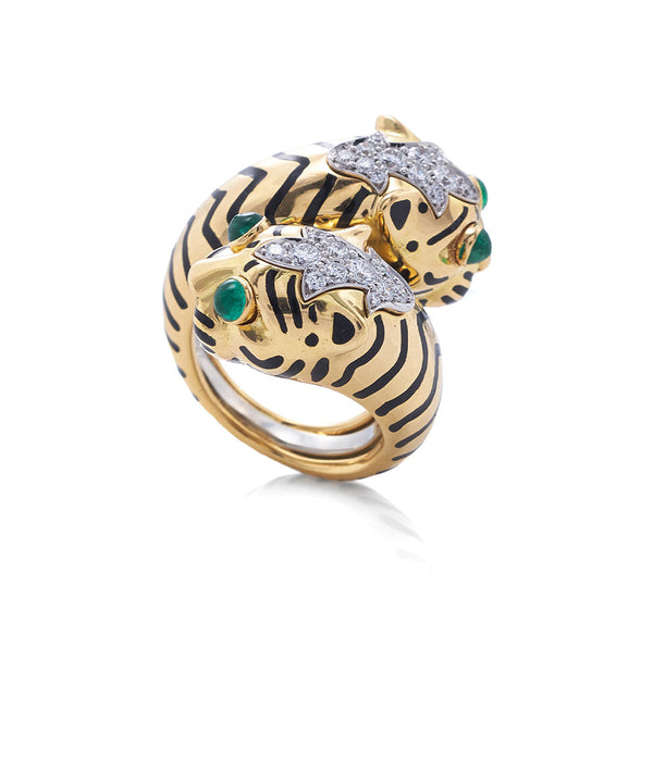 Crossover Tiger Ring, Emerald, Black Enamel