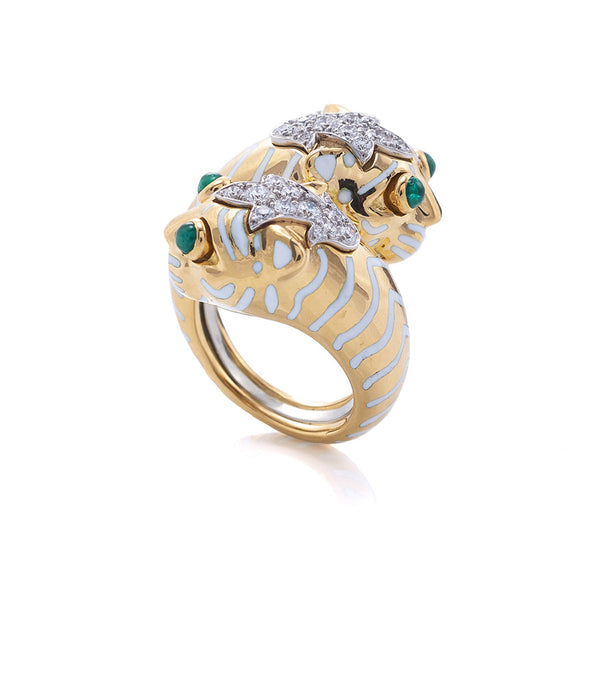 Crossover Tiger Ring, Emerald, White Enamel