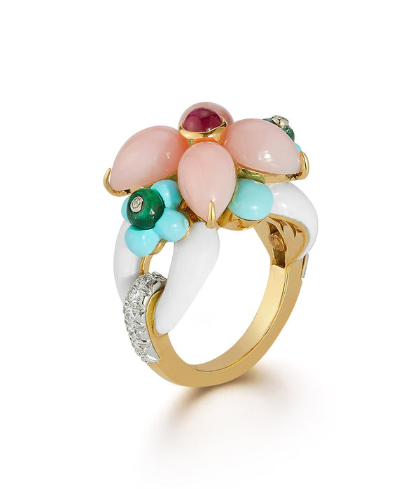 Asheville Ring, White Enamel, Pink Opal, Diamonds