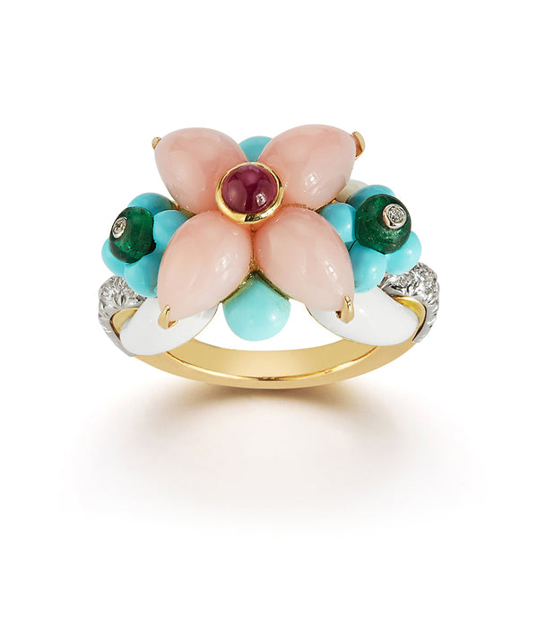 Asheville Ring, White Enamel, Pink Opal, Diamonds