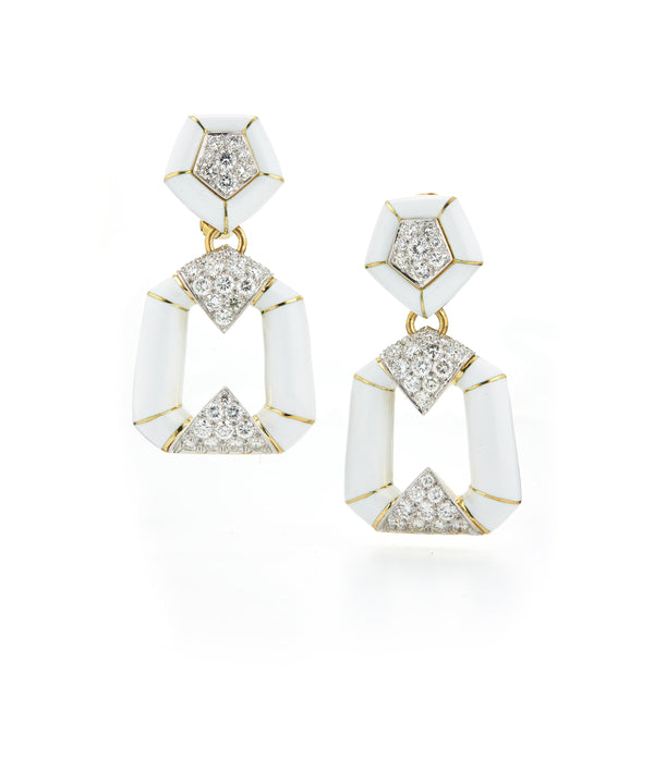 Pentagon Bamboo Earrings, White Enamel