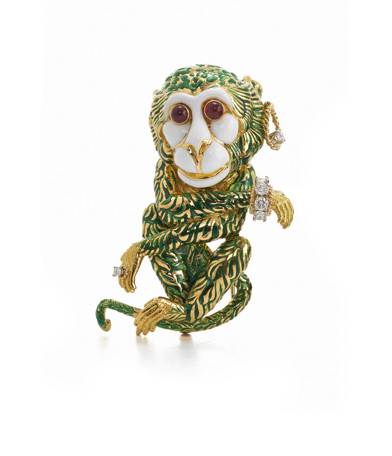 Gypsy Monkey Brooch, Green Enamel