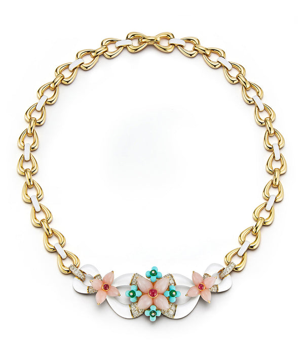 Asheville Necklace, White Enamel, Pink Opal, Diamonds