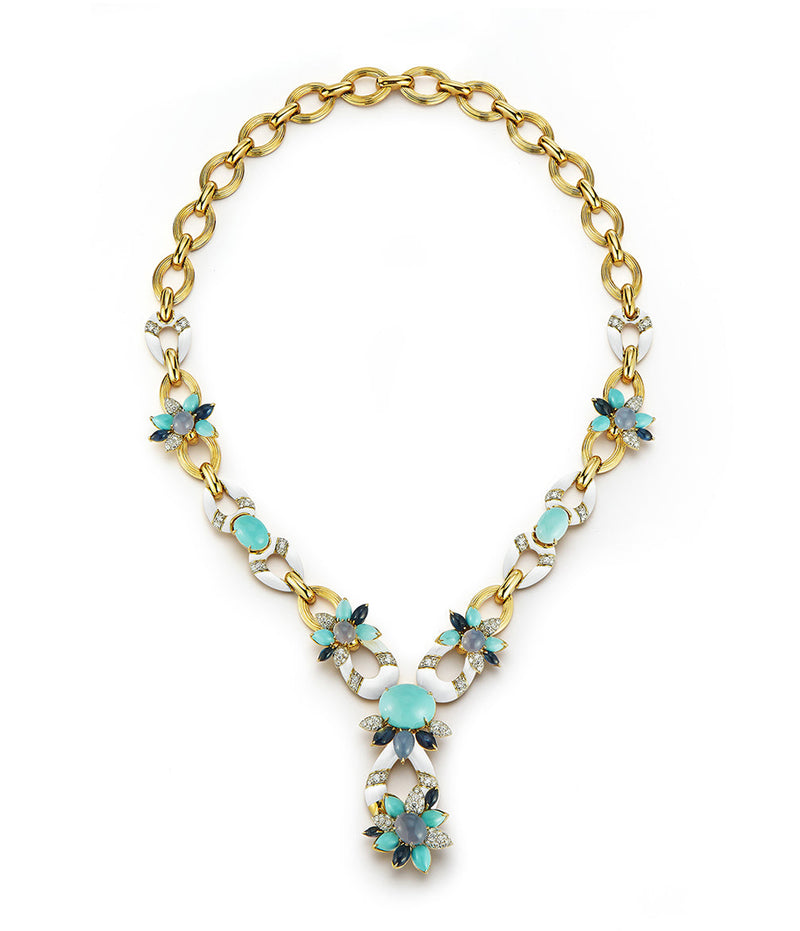 Asheville Necklace, Hammered 18K Gold, Turquoise, Diamonds