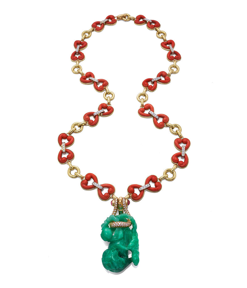 Jade Gourd Pendant and Coral Necklace