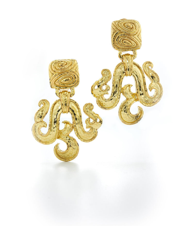 Scroll Earrings, Hammered Gold