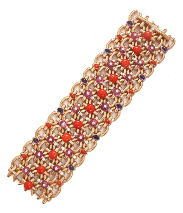 Brocade Bracelet, Hammered 18K Rose Gold, Pink Tourmaline, Coral