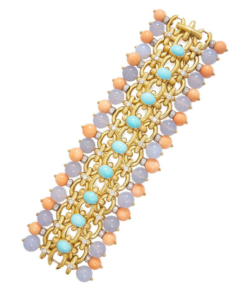 Brocade Bracelet, Turquoise, Coral, Chalcedony
