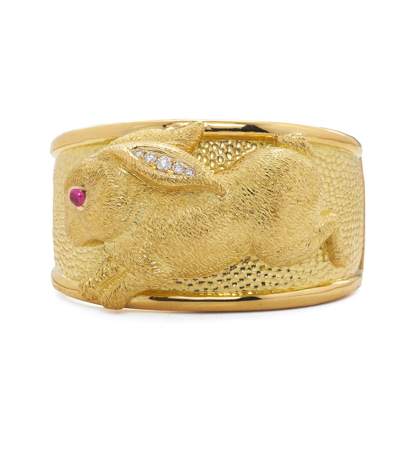 Repoussé Rabbit Cuff, Ruby, Diamonds