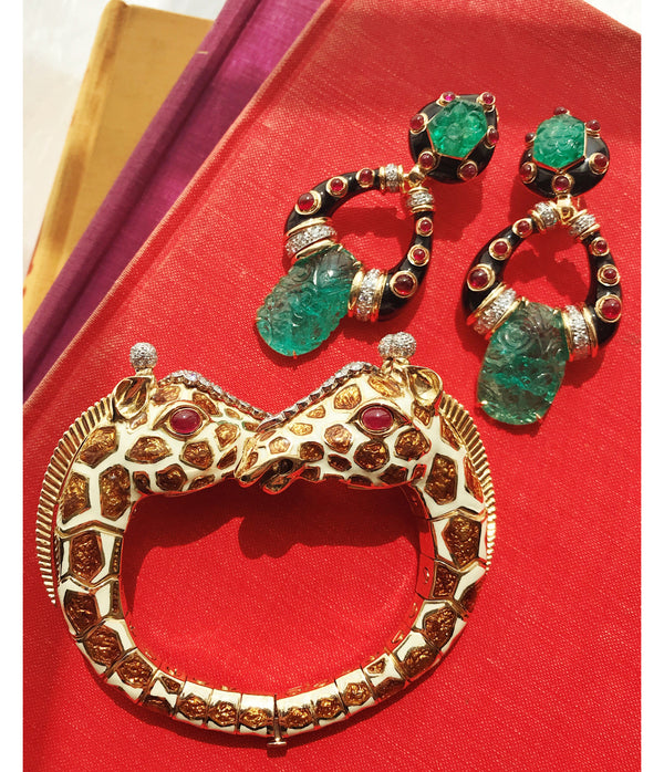 Twin Giraffe Bracelet, Brown Enamel, Ruby