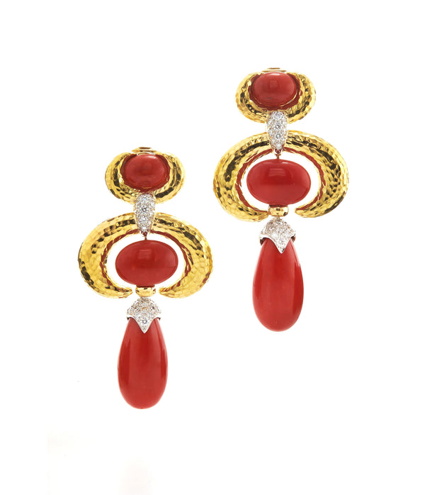Double Crescent Pear Drop Earrings, Coral