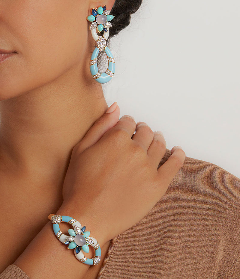 Asheville Earrings, Light Blue Enamel, Turquoise, Diamonds