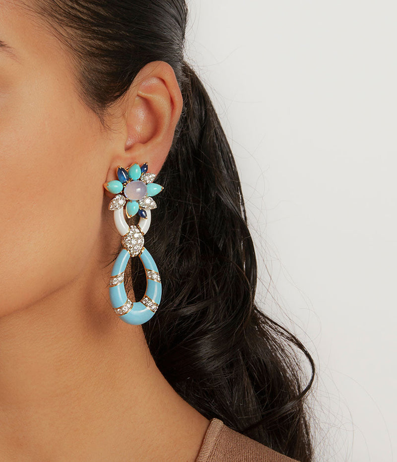 Asheville Earrings, Light Blue Enamel, Turquoise, Diamonds