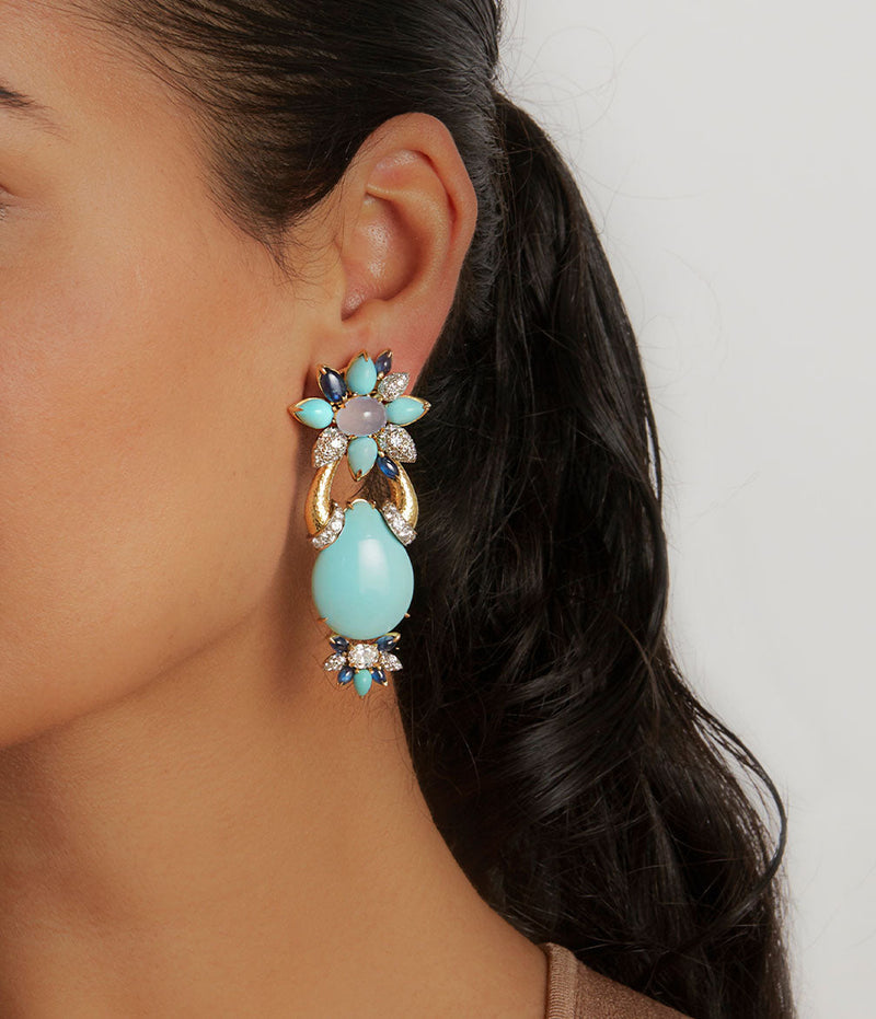 Asheville Earrings, Hammered 18K Gold, Turquoise, Diamonds