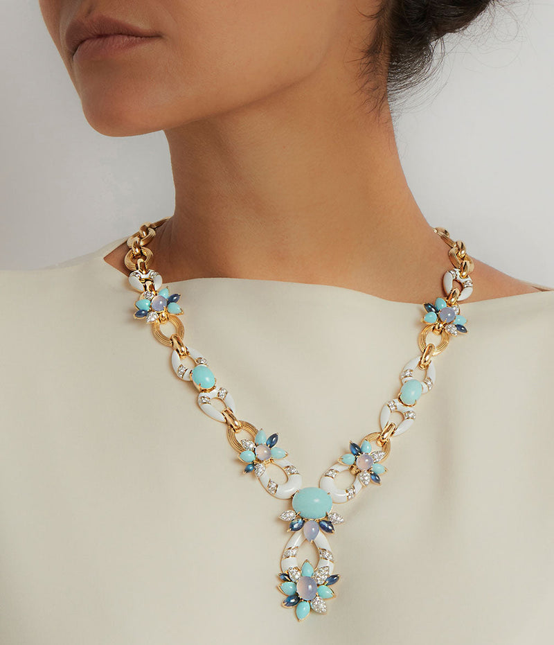 Asheville Necklace, Hammered 18K Gold, Turquoise, Diamonds
