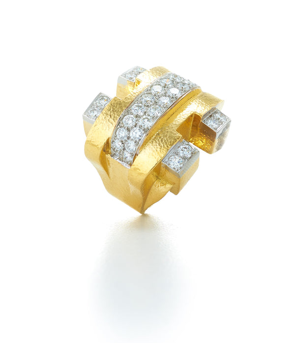 Bridge Ring, Diamonds, Hammered 18K Gold