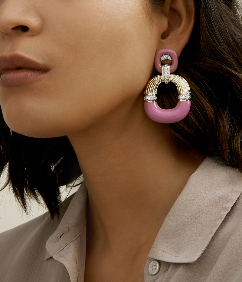 Radiator Hoop Earrings, Diamonds and Pink Enamel
