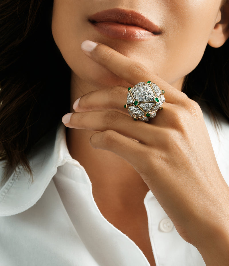 Geodesic Dome Ring, Emeralds, Diamonds