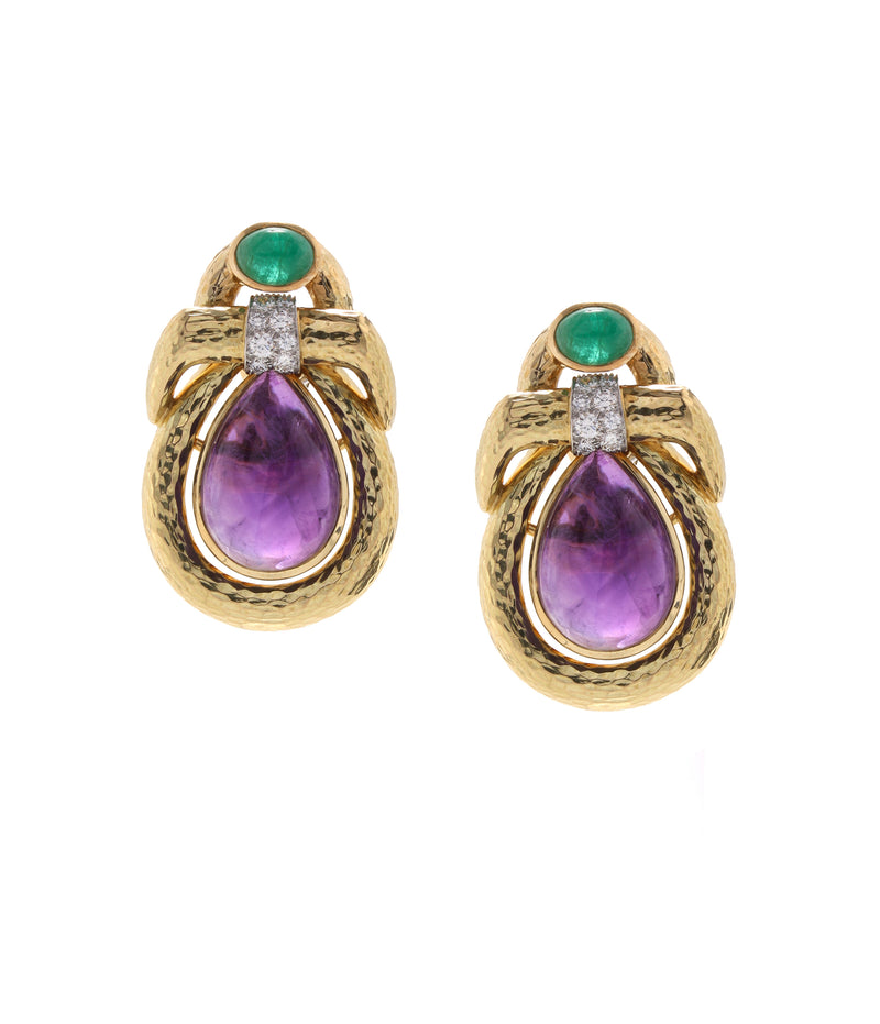 Akimbo amethyst earrings set with hammered 18k gold, emerald, and diamonds