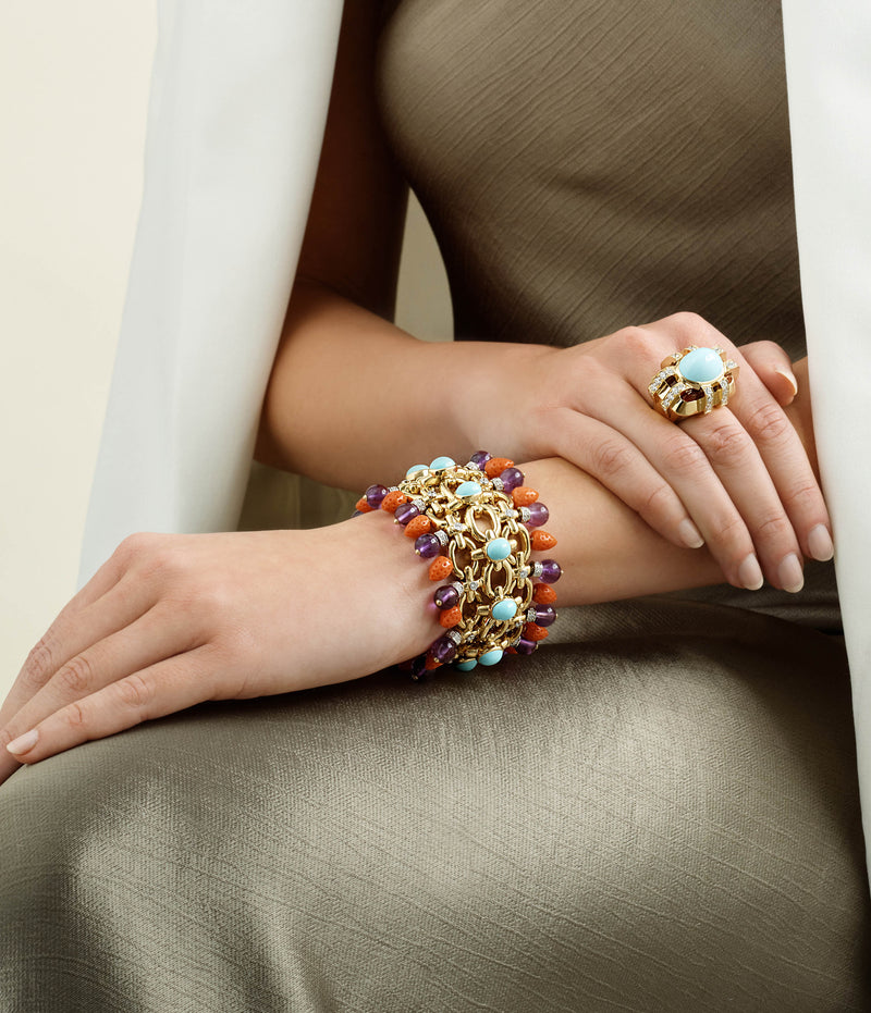 Brocade Bracelet, Turquoise, Coral, Amethyst