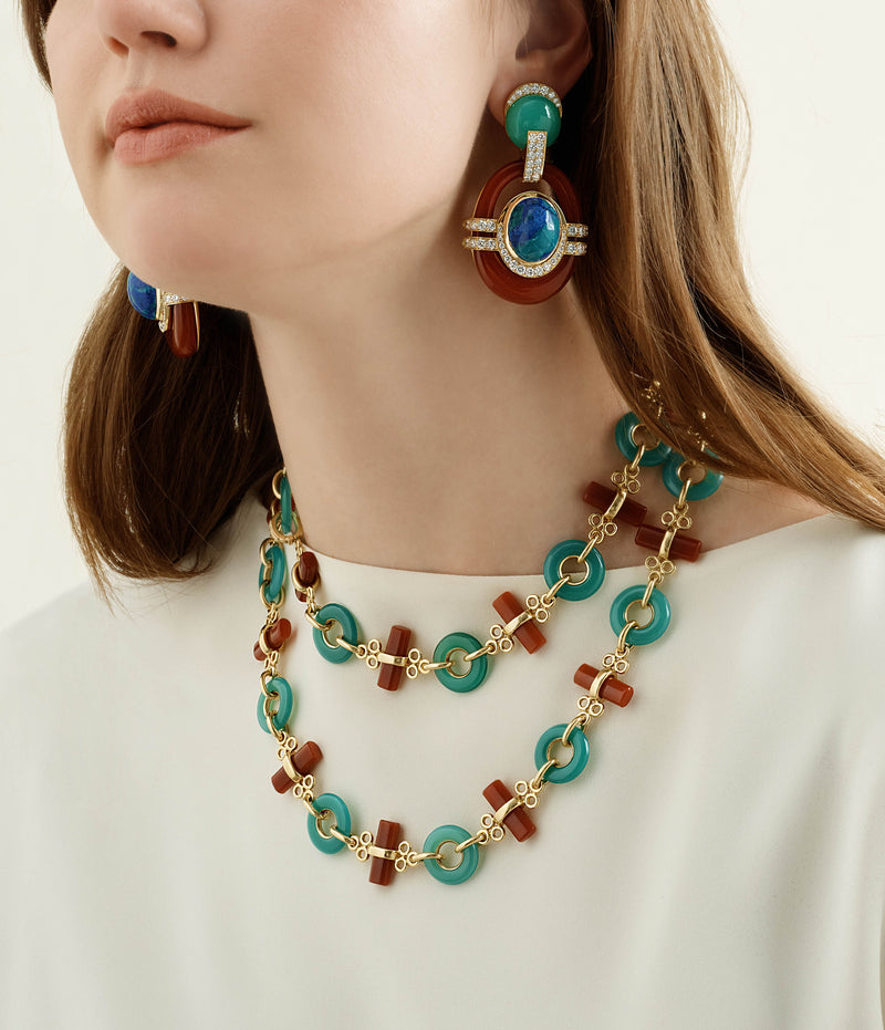 Sticks and Stones Necklace, Green Agate and Cornelian, 38" Long