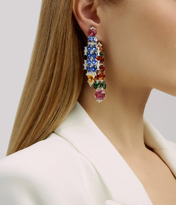 Streamer Earrings, Rubellite, Sapphire, Tourmaline, Citrine