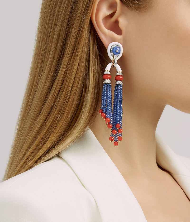 Pagoda Tassel Earrings with Diamonds, Coral and Sapphire Beads