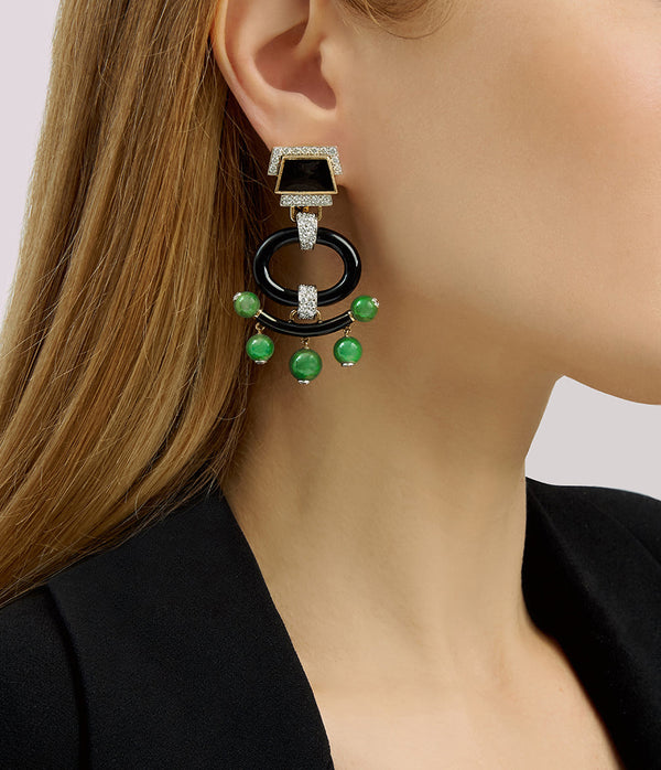 Black Onyx Pagoda Earrings, Jade Beads