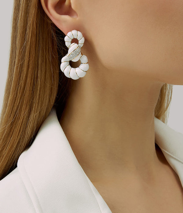 Fancy Hoop Earrings, White Enamel
