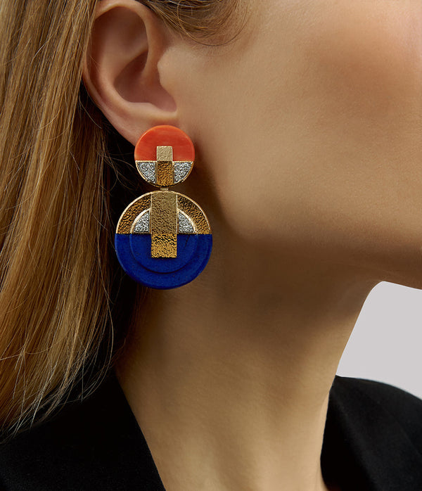 Discus Earrings, Lapis Lazuli and Coral