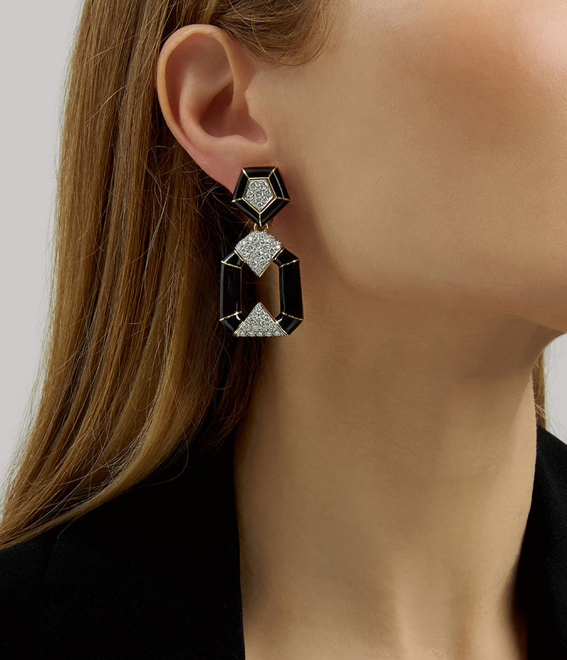Pentagon Bamboo Earrings, Black Enamel
