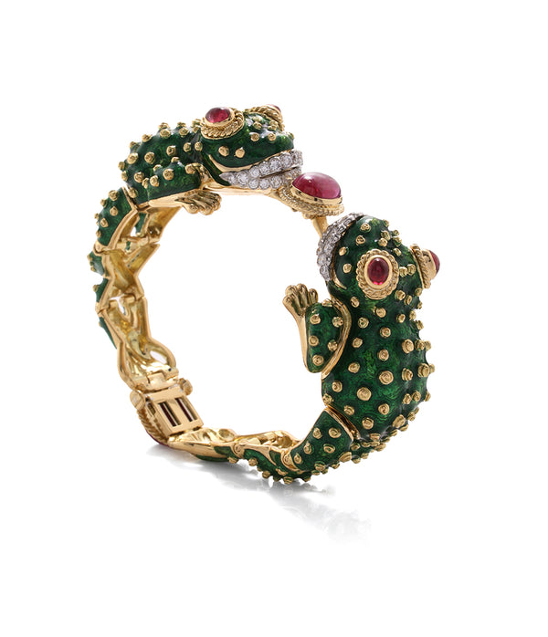 Twin Frog Bracelet, Green Enamel, Ruby