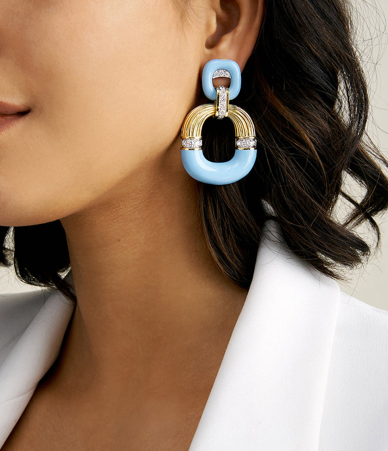 Radiator Hoop Earrings, Diamonds and Light Blue Enamel