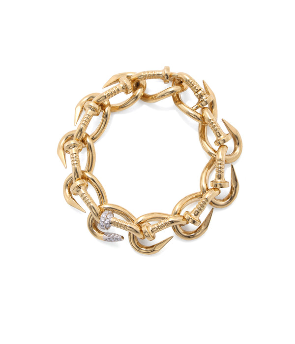 Diamond Tip Bent Nail Link Bracelet, Polished 18K Gold